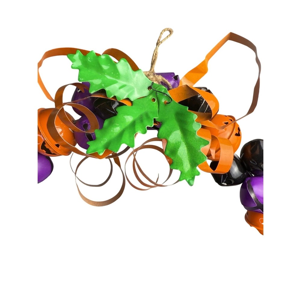 Pumpkin Metal Bell Halloween Wreath Purple Orange Black Folk Art Handmade Decor - Picture 3 of 4